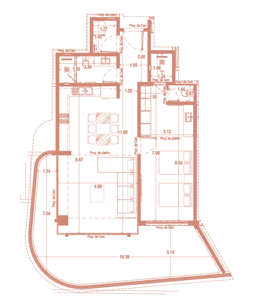 Plano del Tipo D1 de Sole BLU: 1 recámara y 2 baños completos, desde 114.83 m²