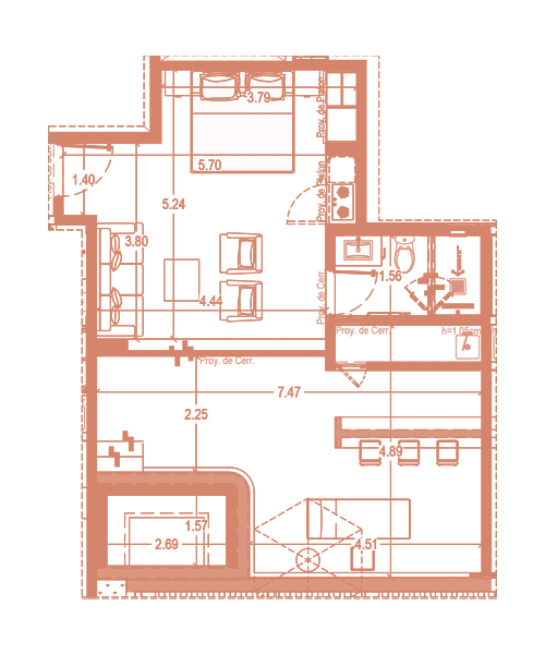 Plano del Studio de Sole BLU: 1 recámara, 1 baño, kitchenette, terraza y jacuzzi, desde 60.06 m²